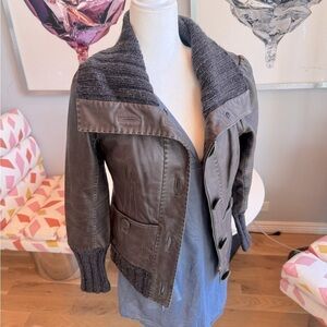 Mackage brown leather jacket size M with big buttons and zipper and knit accents